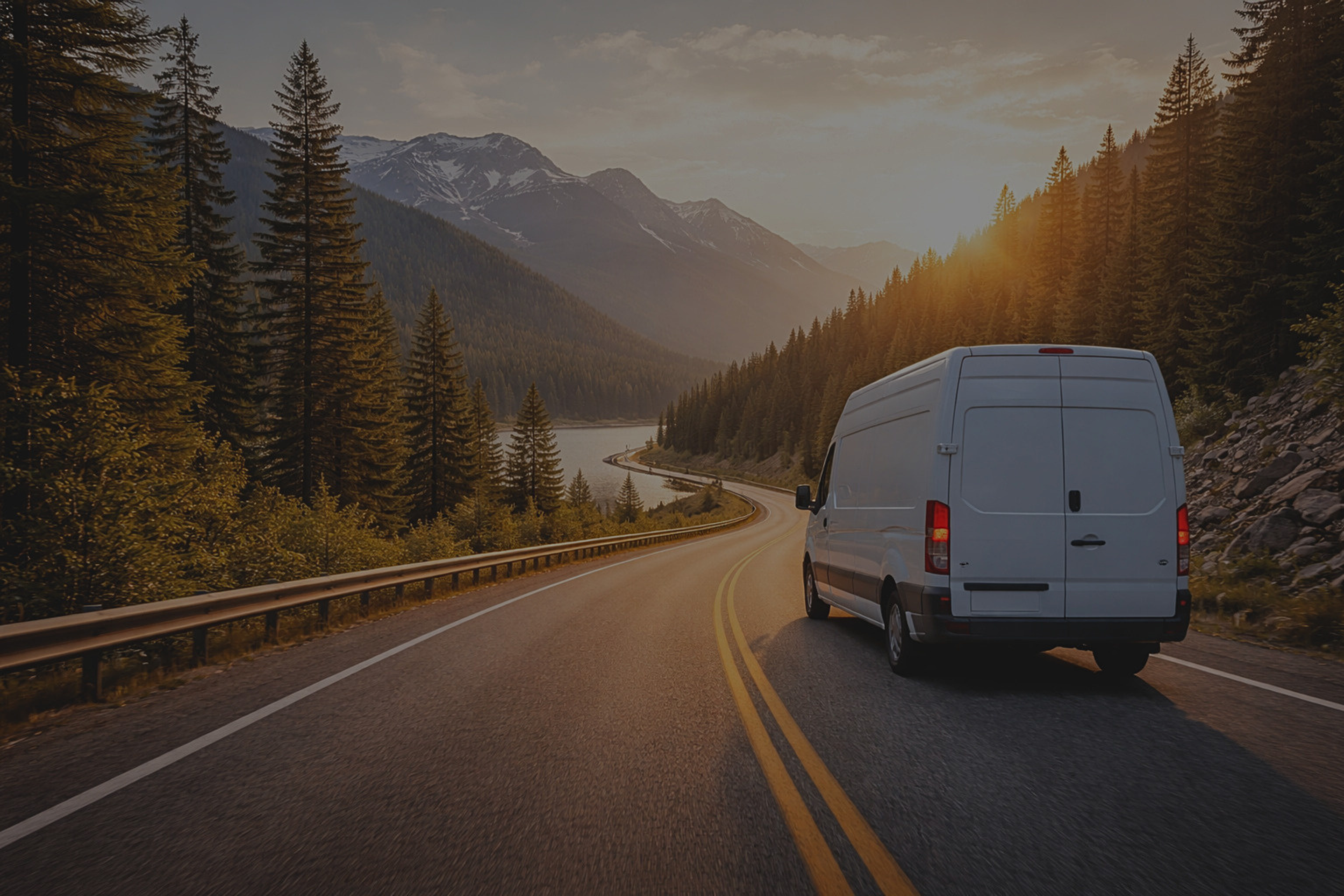A white van driving on a winding mountain road surrounded by tall evergreen trees and mountains, with the sun setting in the background.