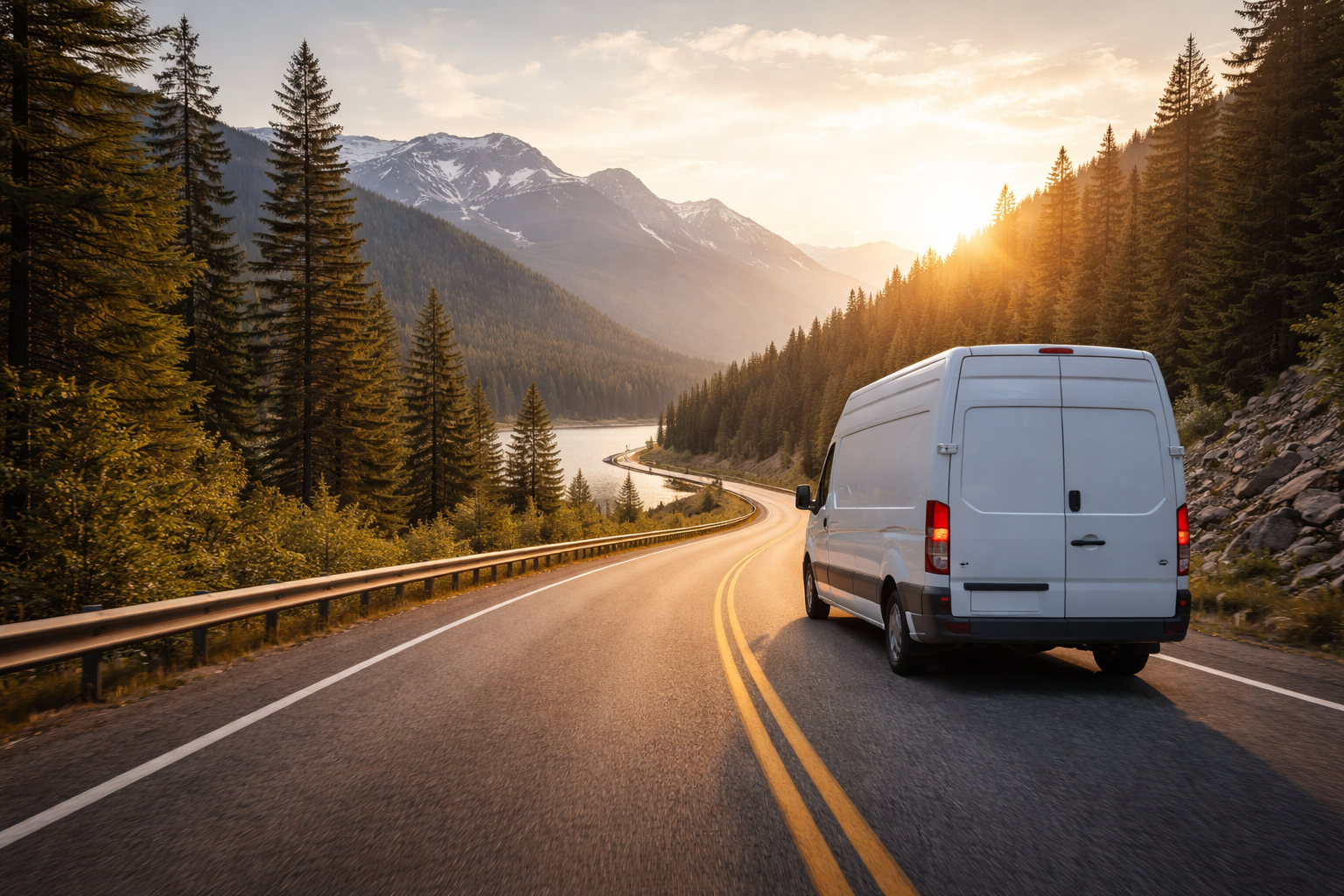 A white delivery van driving along a winding mountain road at sunset, with pine trees on both sides and snow-capped mountains in the background.