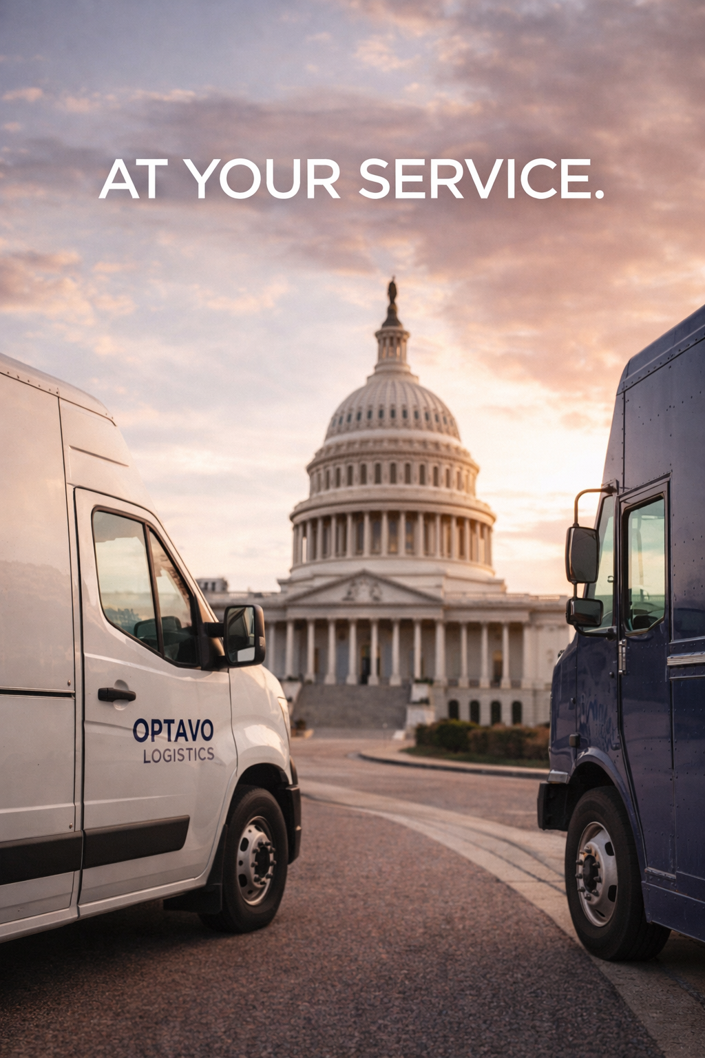 Two delivery trucks, one white with 'OPTAVO LOGISTICS' on the side and one blue, parked in front of the U.S. Capitol building during sunset.