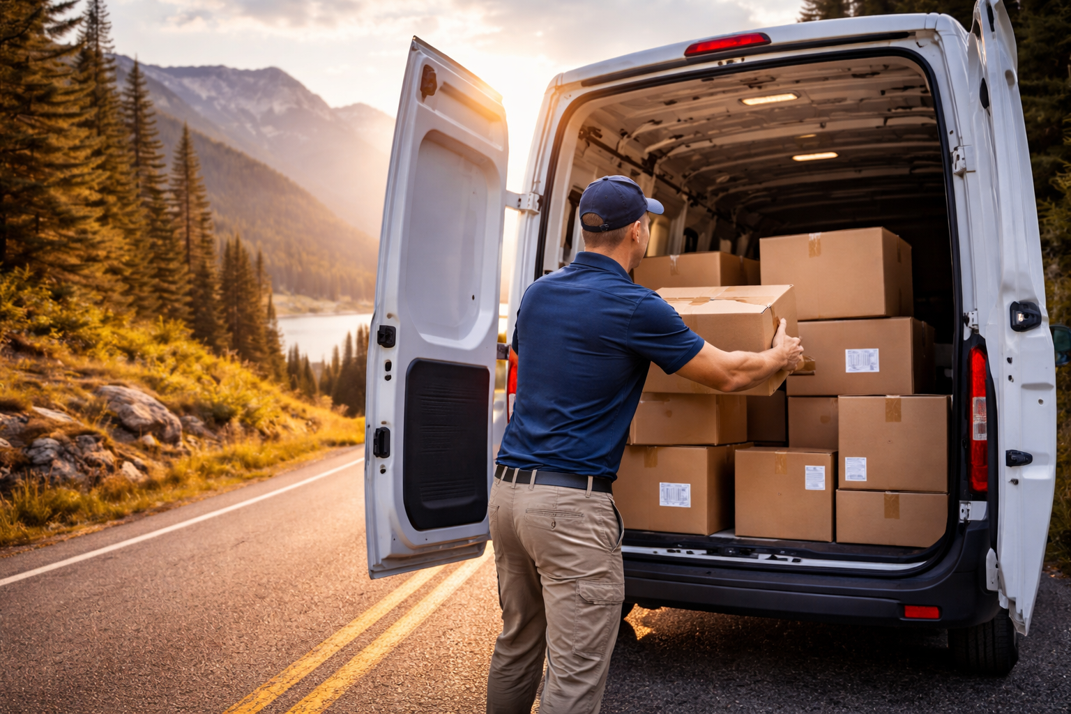 A man loading cardboard boxes into the back of a white van on a mountain road at sunset, with pine trees and mountains in the background.