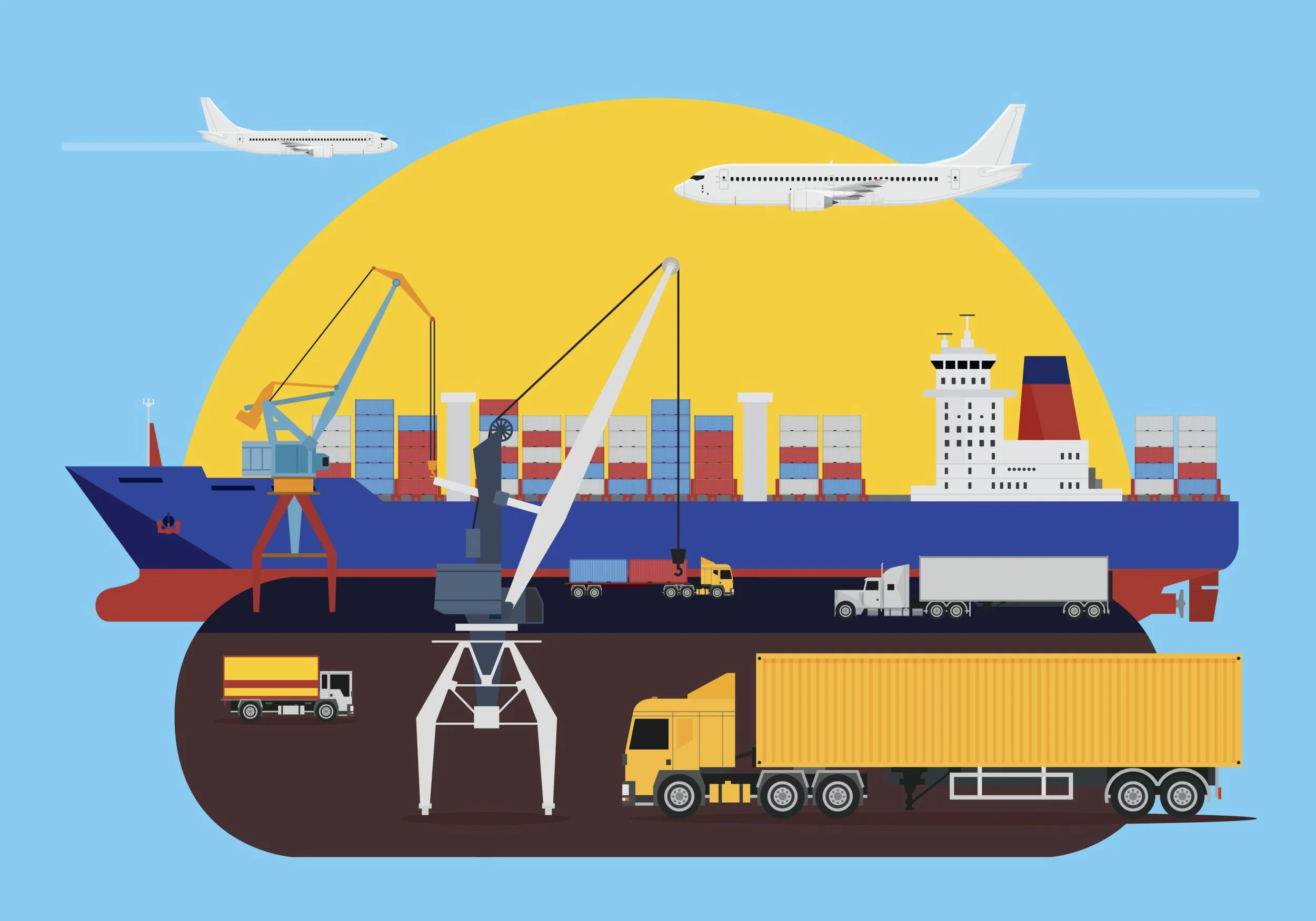 Illustration of a cargo ship being loaded with containers, with airplanes flying overhead and trucks on the dock, representing global shipping and logistics.