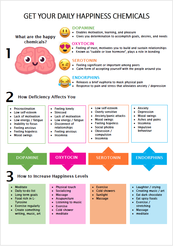 Infographic titled “Get Your Daily Happiness Chemicals” outlining dopamine, oxytocin, serotonin and endorphins with signs of deficiency and ways to boost mood.