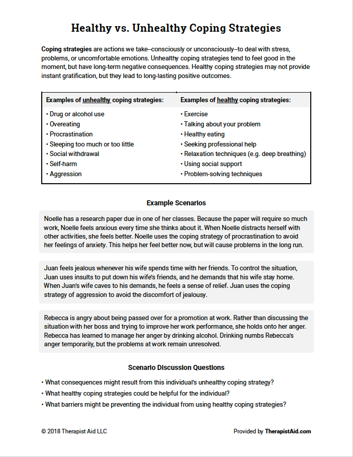 Worksheet titled “Healthy vs. Unhealthy Coping Strategies” outlining examples, reflection questions, and comparison tables for coping behaviours.