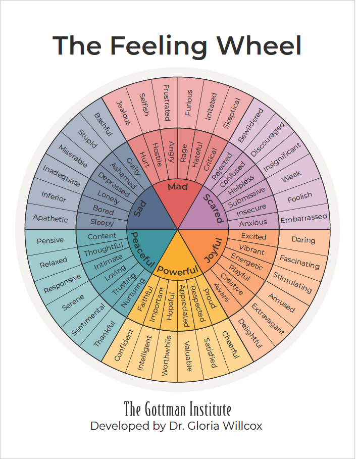 The Feeling Wheel developed by Dr. Gloria Willcox, showing a range of core emotions and related feeling words.