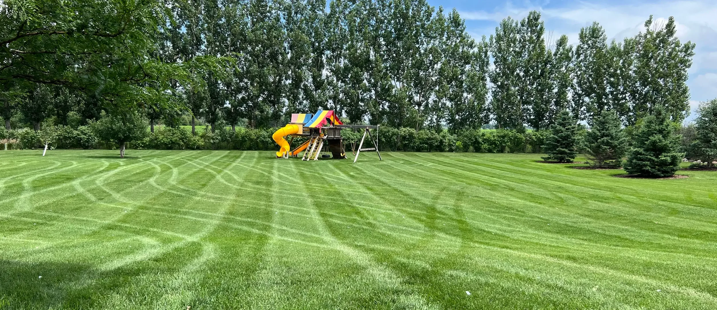 A large grassy yard with freshly mowed stripes, a colorful playground with slides and swings, and a row of tall trees in the background under a partly cloudy sky.