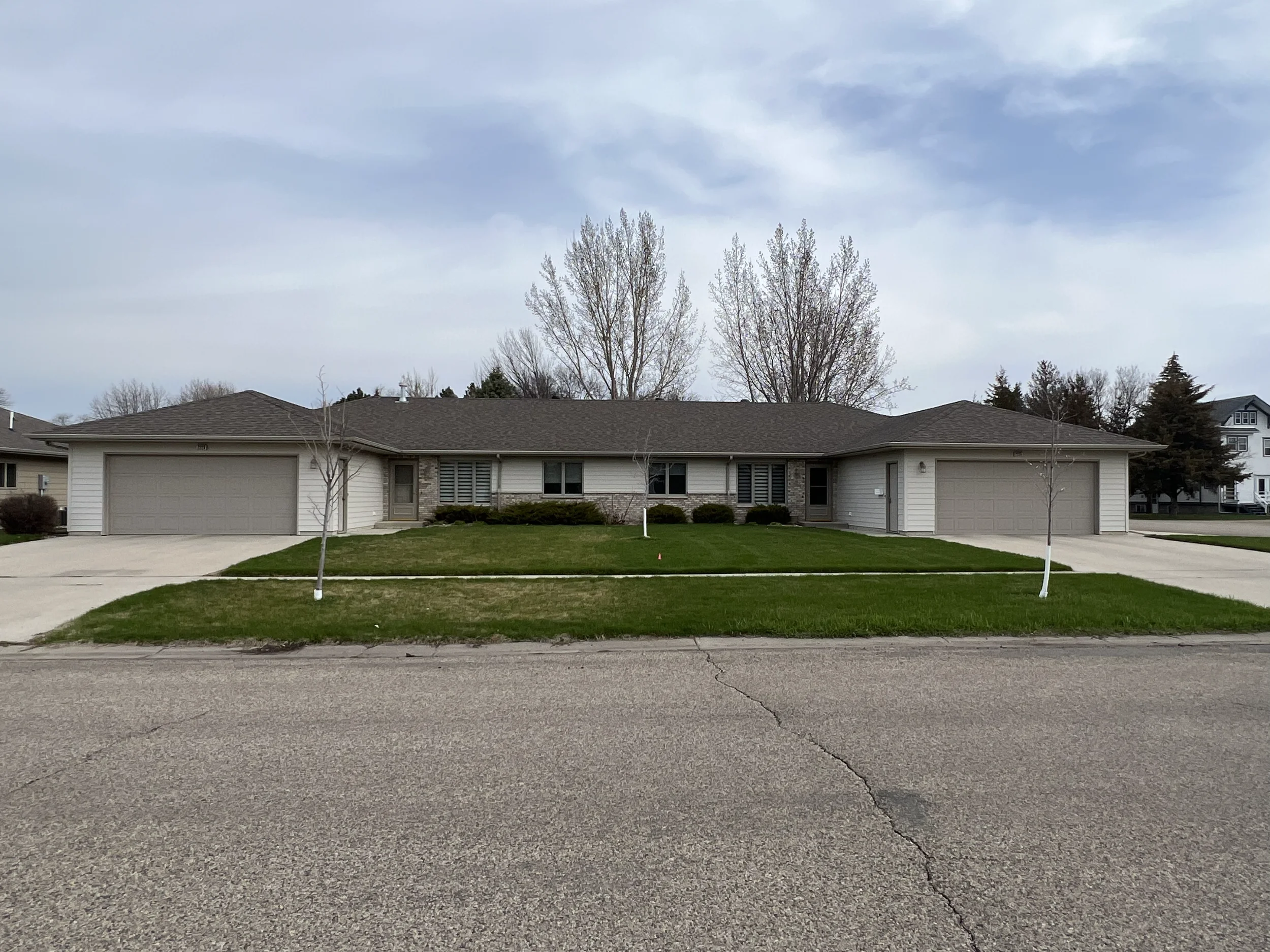 Single-story suburban house with light gray siding, three garage doors, a front lawn with three small trees, and leafless trees in the background on a cloudy day.