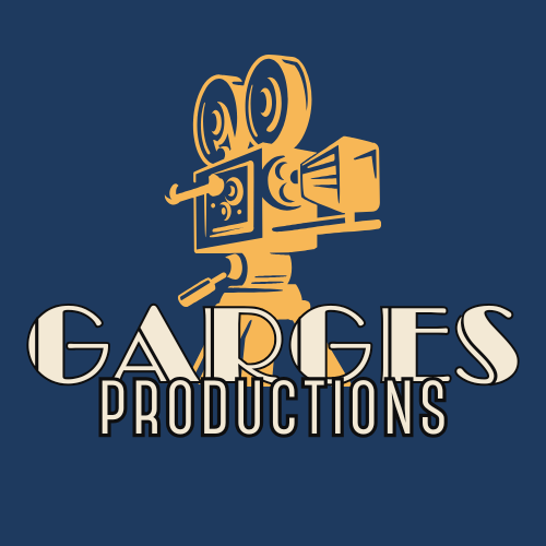 Logo for GARGES PRODUCTIONS featuring a vintage film camera in beige on a dark blue background.