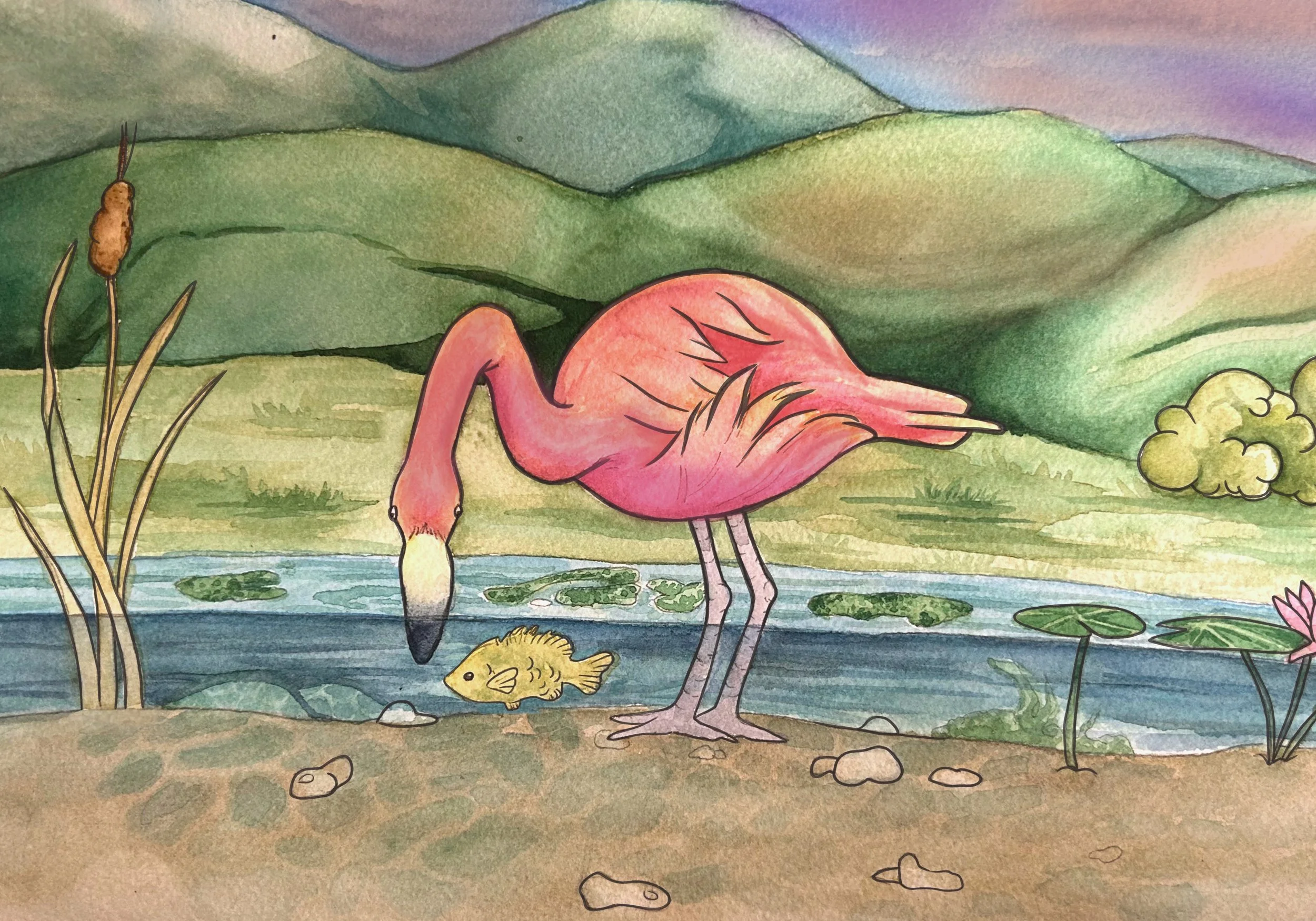 Watercolor painting of a pink flamingo standing in a pond, looking at a yellow fish, with green hills and a purple sky in the background.