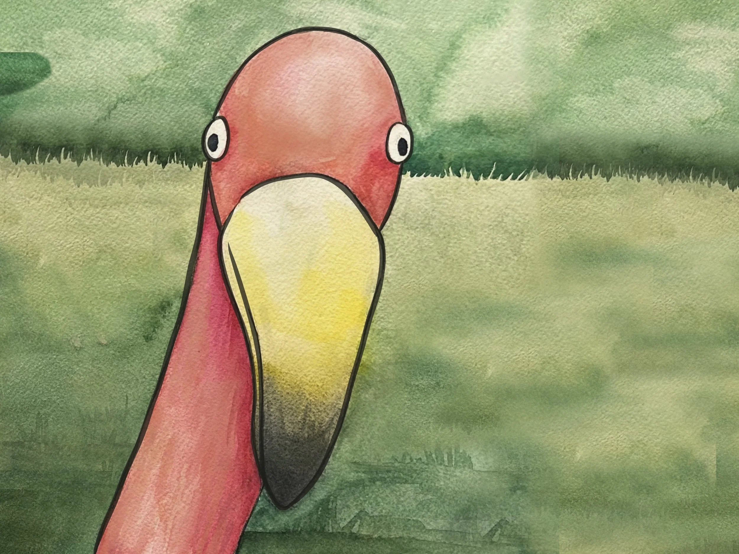 A cartoon illustration of a pink flamingo with a large beak and expressive eyes, set against a grassy background.