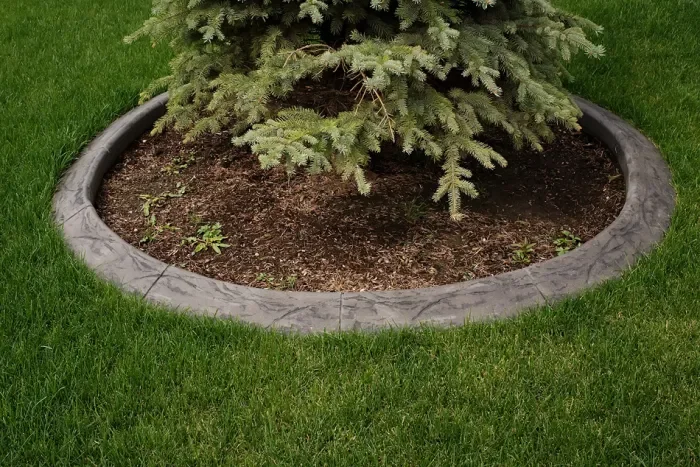 Textured concrete edging around flower beds for low-maintenance landscaping