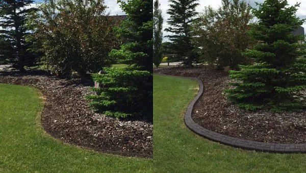Before and after of smooth concrete borders creating clean lawn edges