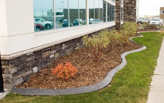 Custom landscape concrete borders separating grass and mulch around bushes