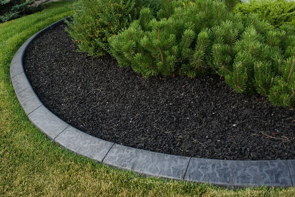 Modern concrete edging separating grass and mulch
