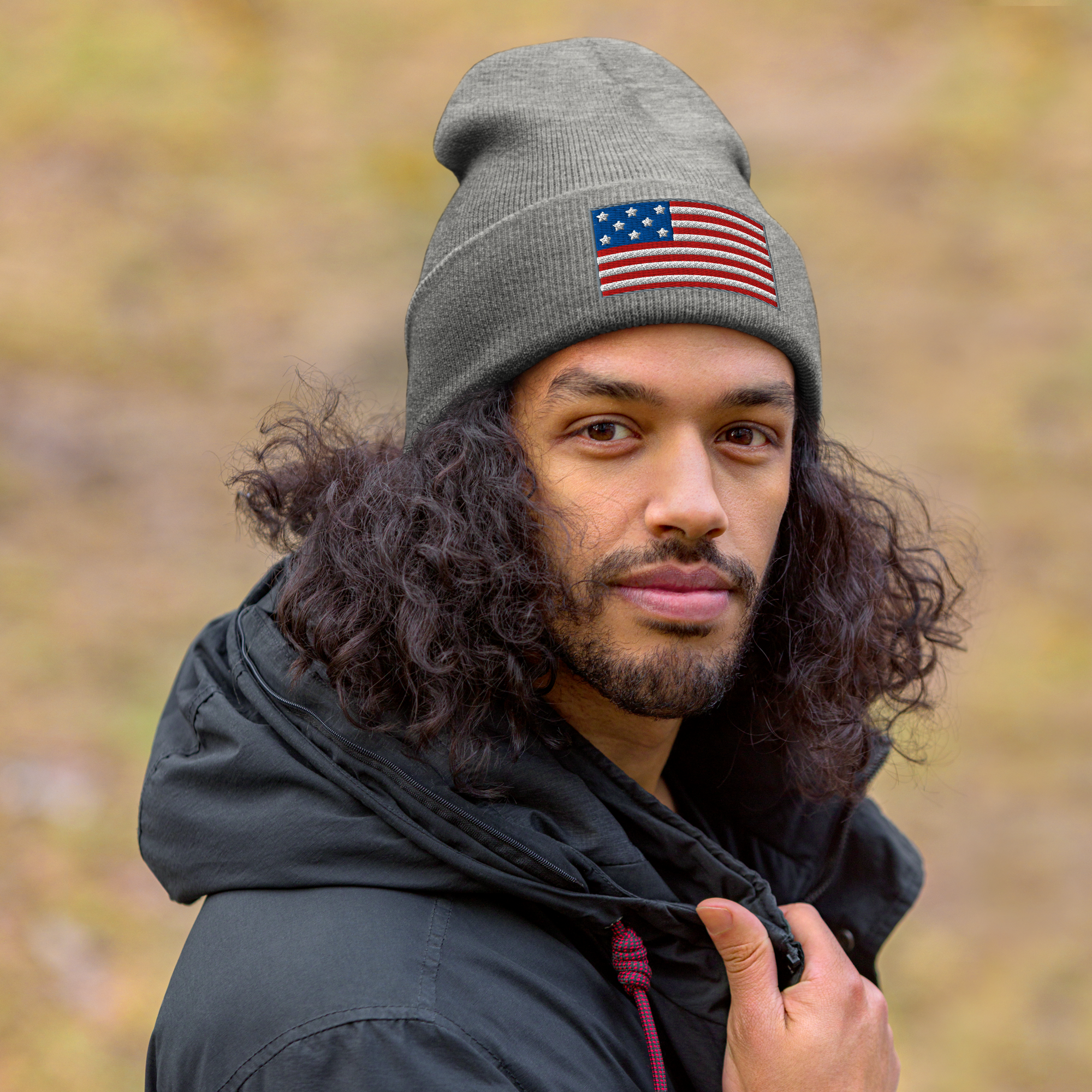 Patriotic Gray Beanie with American Flag