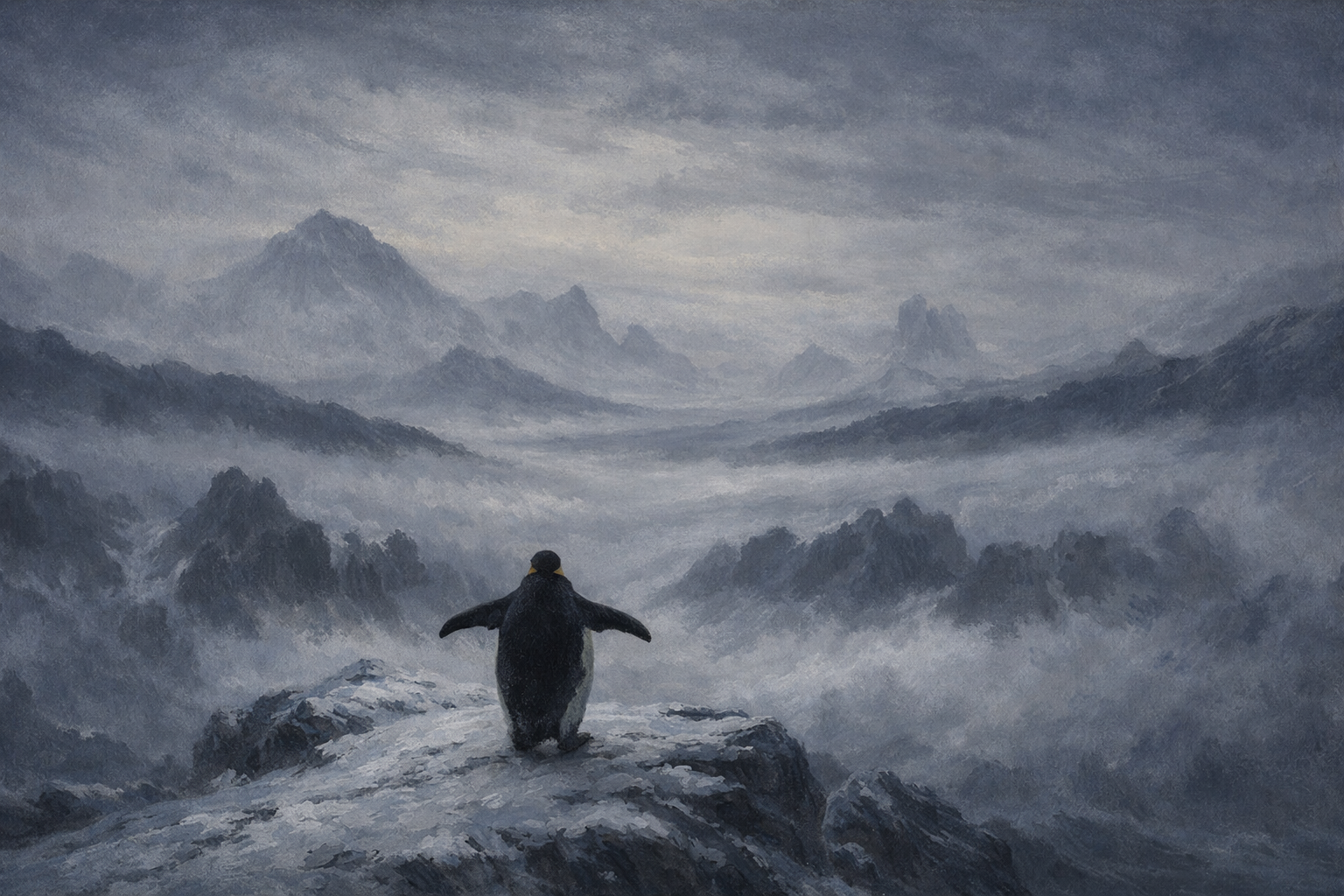 A painting of a penguin standing on a rocky ledge with wings outstretched, overlooking a vast mountainous landscape shrouded in mist.