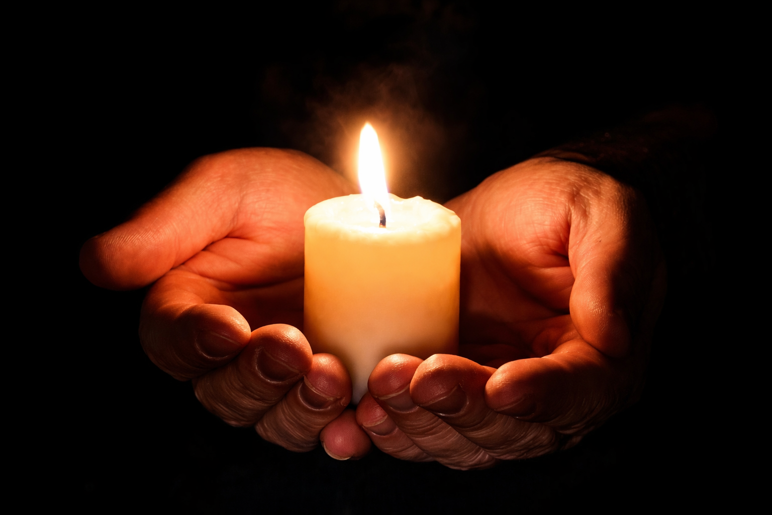 Manos sosteniendo una vela encendida en un entorno oscuro.
