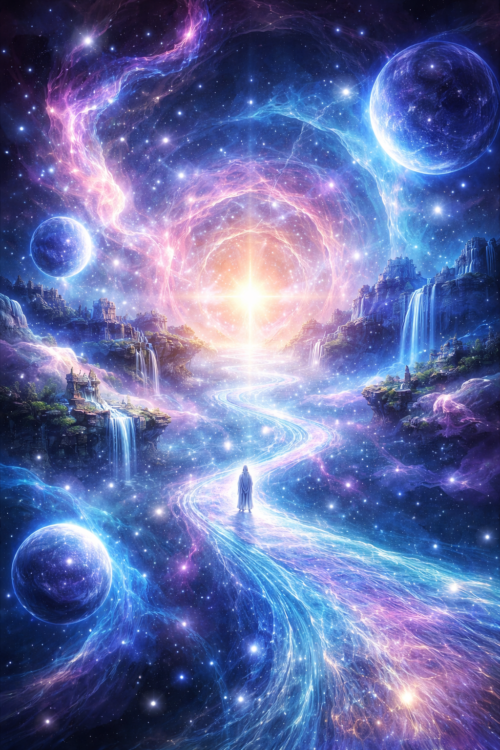 Paisaje cósmico con galaxias, planetas y cascadas, con un camino luminiscente que lleva hacia un brillo brillante en el horizonte, con una figura humana caminando sobre el camino.