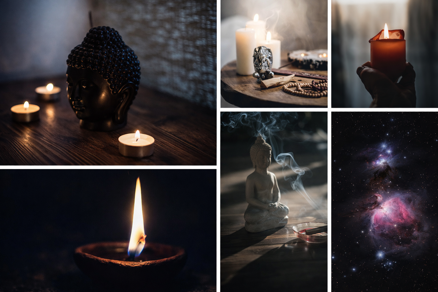 Imágenes de objetos y escenas relacionados con la espiritualidad y la meditación, incluyendo velas encendidas, una cabeza de buda, una figura de buda en trance de humo, un altar con velas y objetos rituales, y una foto del cielo con galaxias.