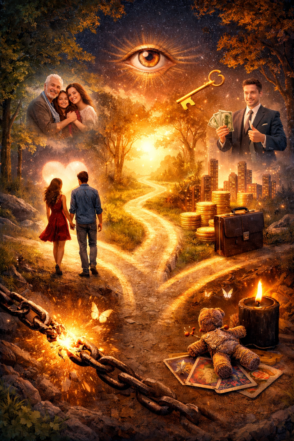 Escena mágica con una pareja caminando de la mano por un sendero iluminado por un atardecer dorado, rodeados de árboles y mariposas. En el fondo, un grupo de personas felices, un hombre con dinero y una llave dorada, simbolizando la consecución de metas y felicidad familiar. Elementos como un maletín, monedas de oro, cartas, un oso de peluche, velas y cadenas rotas representan sueños, prosperidad y liberación.