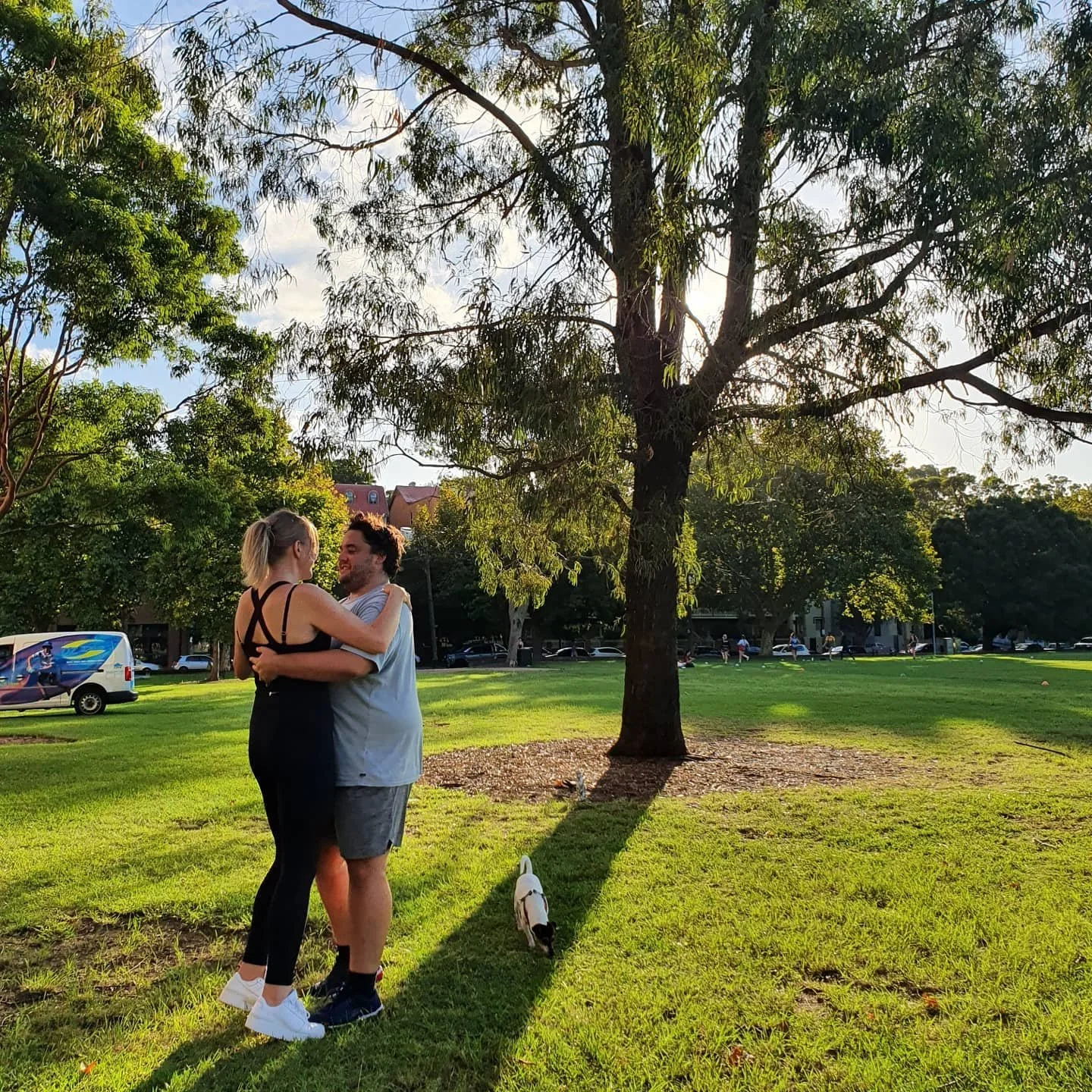 A couple learning their wedding dance in a park during late afternoon or early evening with a large tree and green grass around them.
