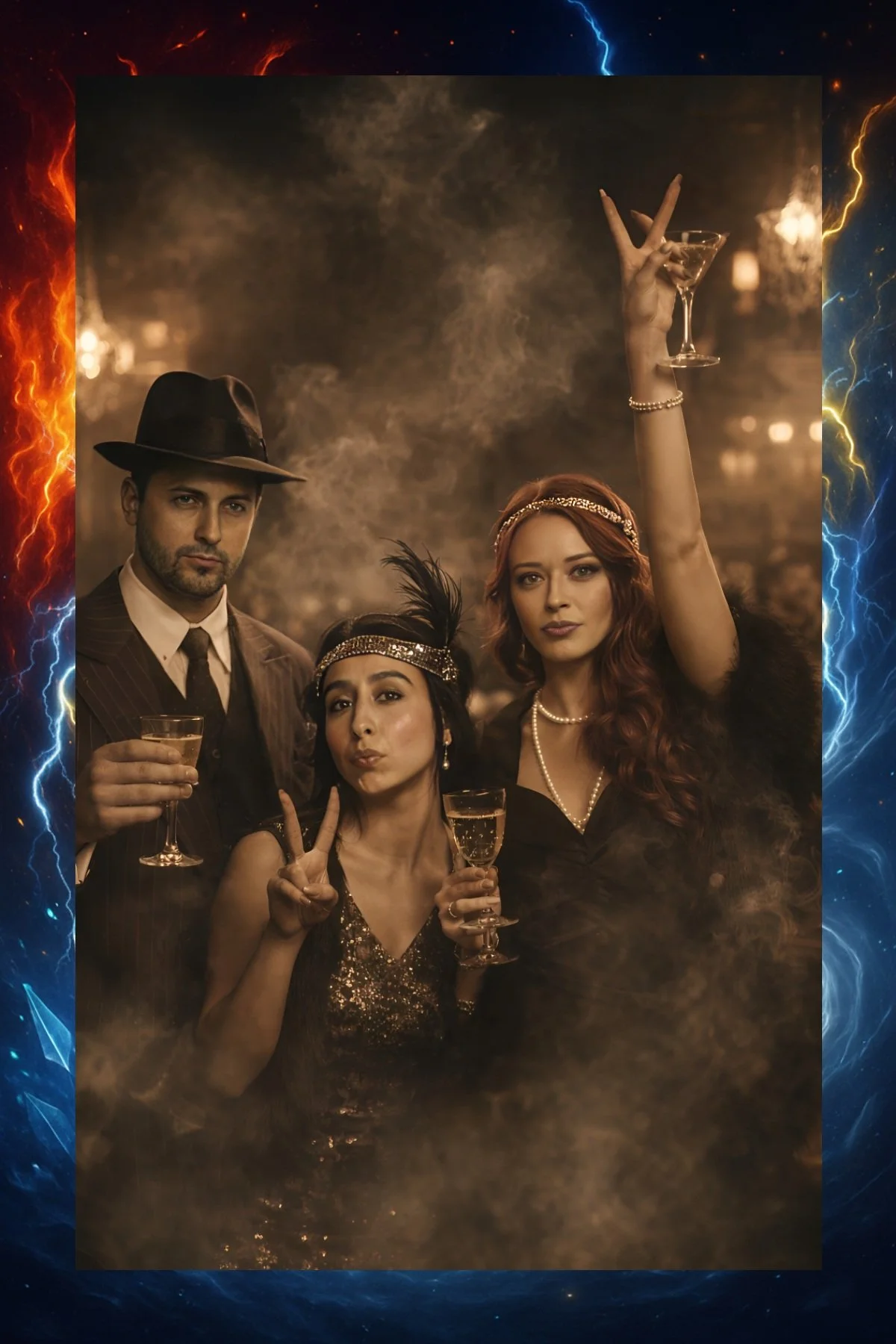 Three people dressed in vintage 1920s-style clothing celebrating with drinks at a party, with a dark, smoky background and a decorative frame of lightning and flames.