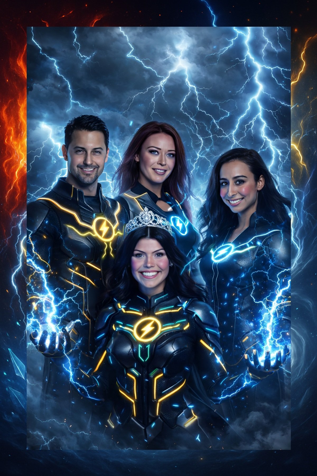 Group of four people dressed as superheroes with glowing lightning and electric effects, standing in front of a stormy sky with lightning.