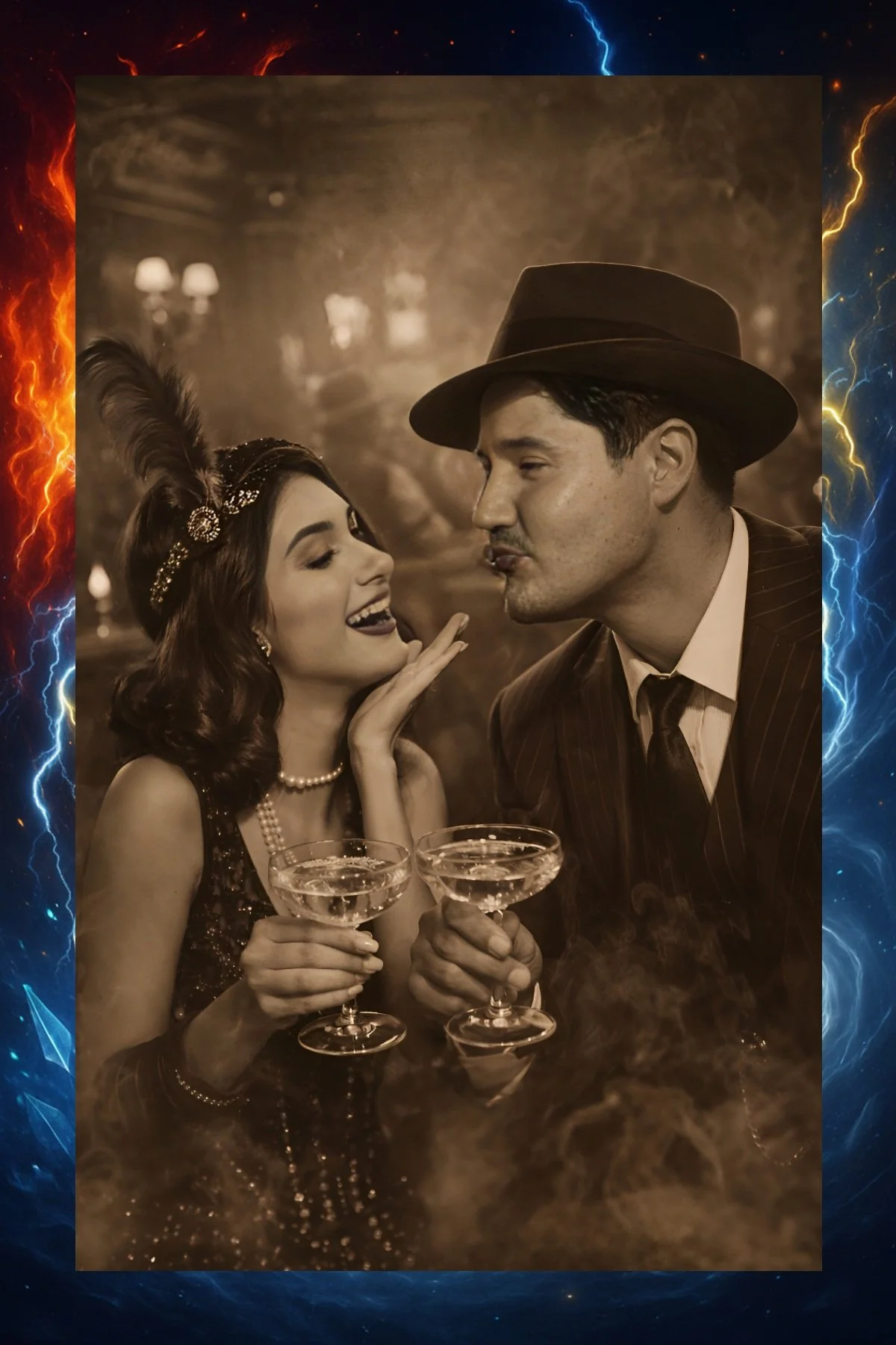 Sepia-toned vintage photo of a man and woman in 1920s attire celebrating with cocktails, facing each other close, with the woman smiling and touching the man's face, in a dimly lit, elegant setting.