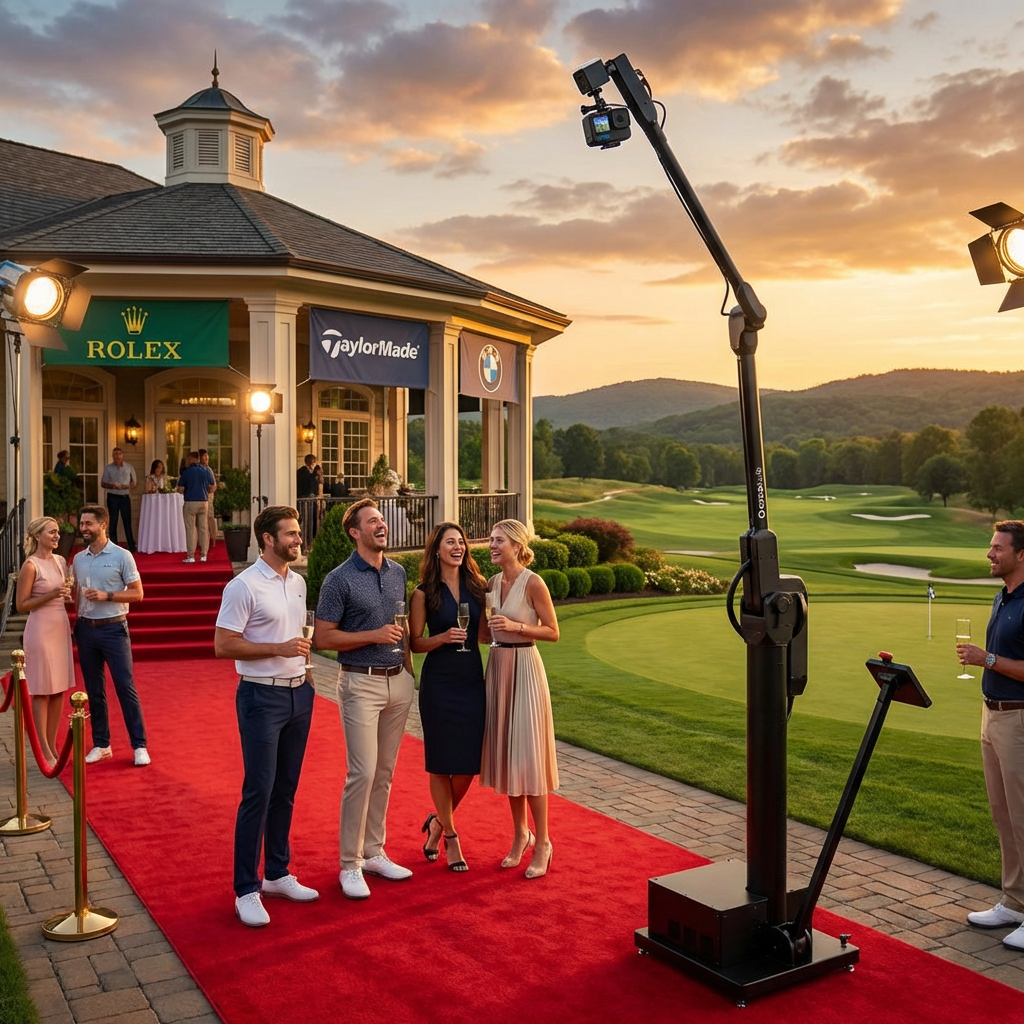 Glambot robotic camera arm set up at golf tournament with players and sponsors on red carpet in El Paso