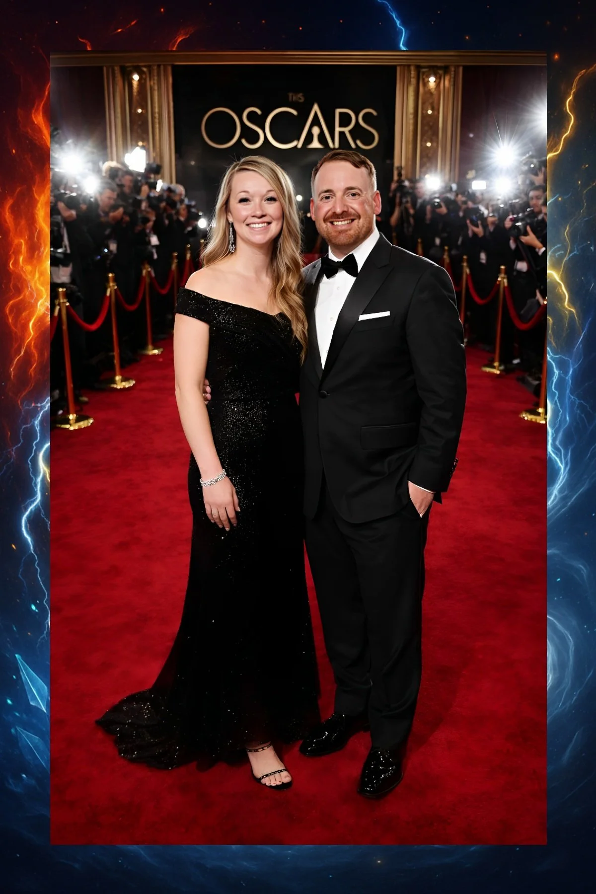 A man and woman in formal attire at an Oscars event, smiling on a red carpet with photographers in the background and an Oscar sign on the wall behind them.