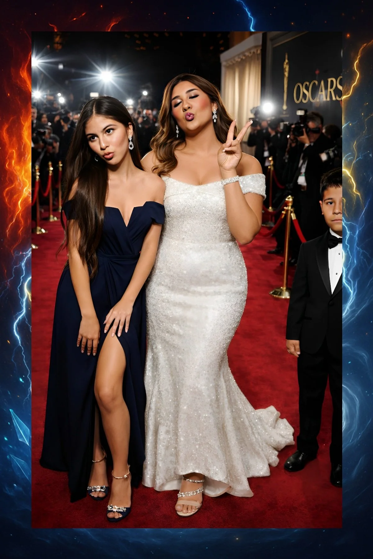 Two women in evening gowns and a young boy in a tuxedo posing on a red carpet at the Oscars, with photographers and bright lights in the background.