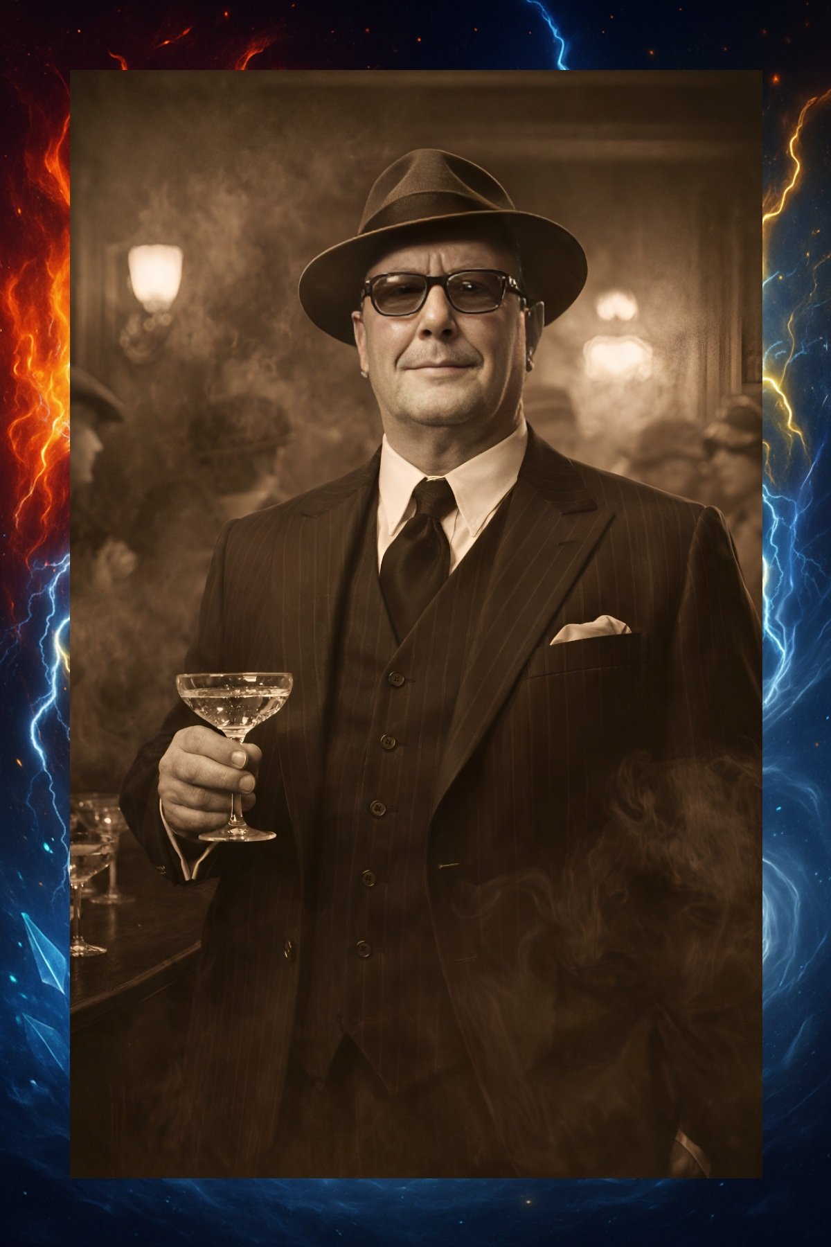 A man dressed in a vintage suit, tie, and fedora hat, holding a cocktail glass, standing in a smoky, dimly lit bar with blurred patrons in the background.