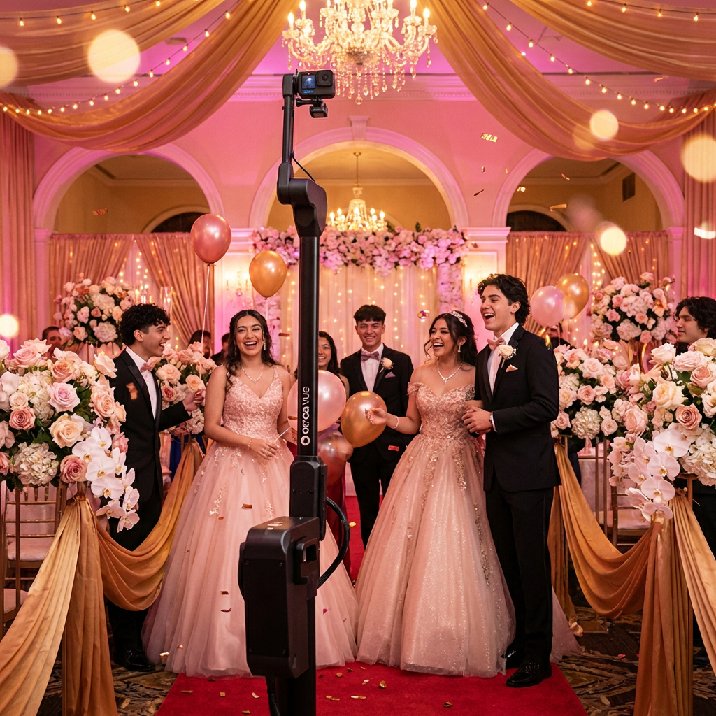 Quinceañera girl in pink gown and tiara with her court posing for Glambot cinematic video in El Paso