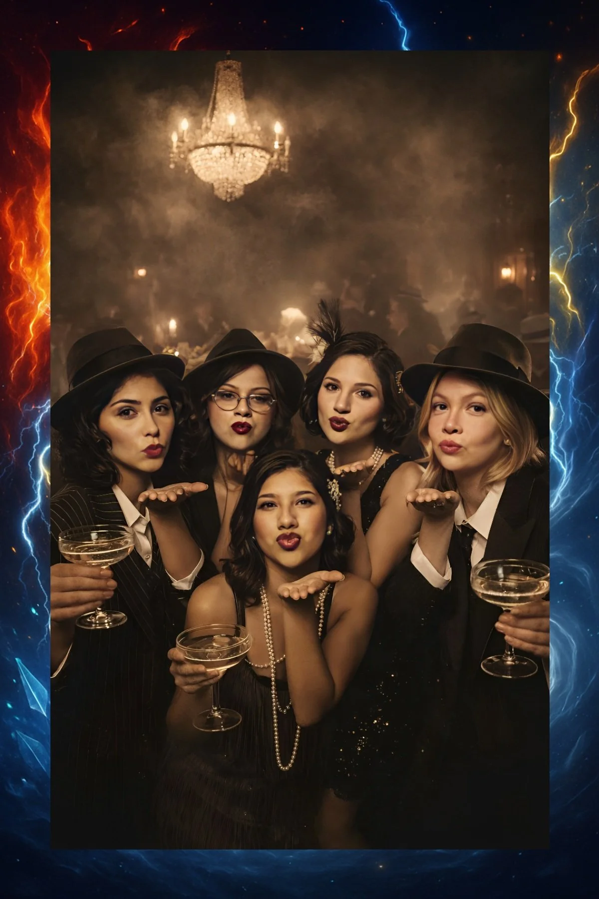 Custom 1920s vintage flapper themed party featuring the interactive Mirror Air Booth rental.