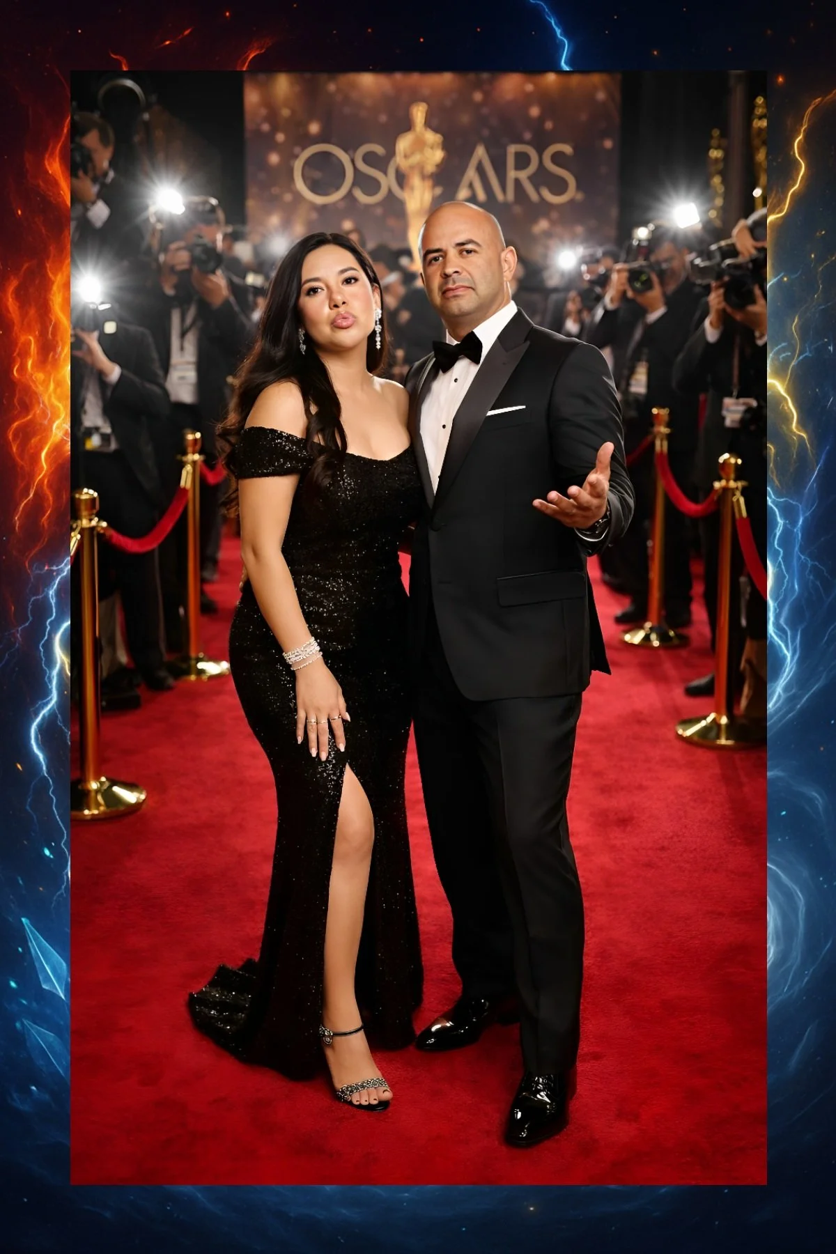 A woman in a sparkling black gown and high heels, and a man in a tuxedo with a bow tie, posing on a red carpet at an awards ceremony, with photographers and a backdrop with the Oscars logo in the background.