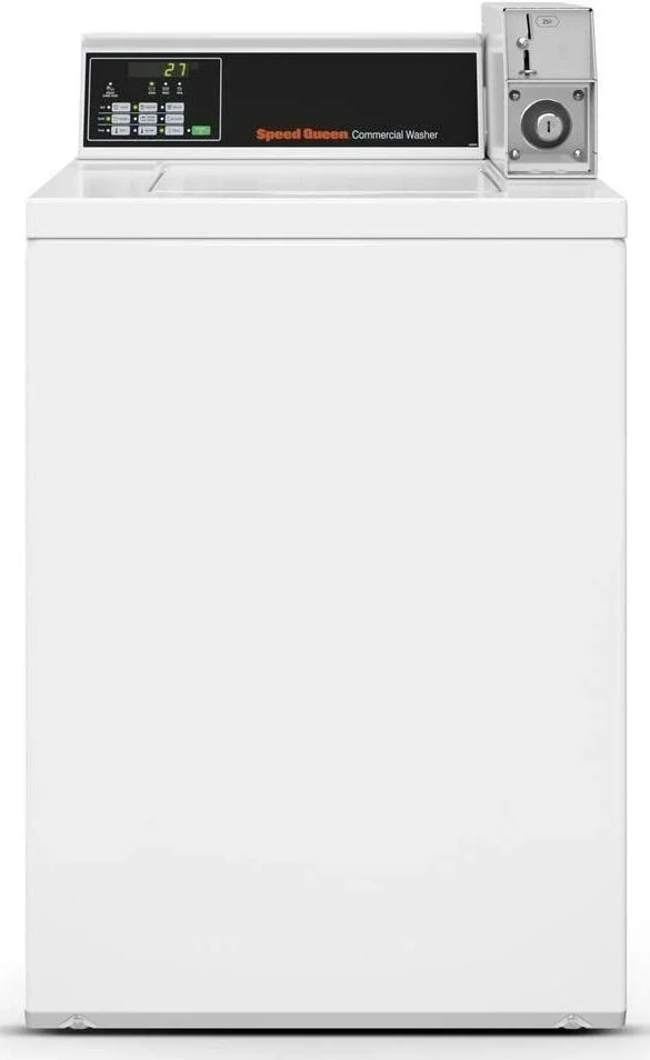 White commercial washing machine with control panel on top, labeled 'Speed Queen Commercial Washer'.