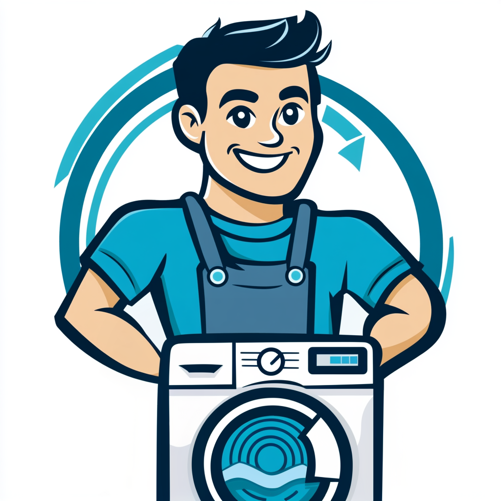 Illustration of a young man with dark hair wearing a blue shirt and apron, standing confidently with hands on hips in front of a washing machine, with a circular abstract background.