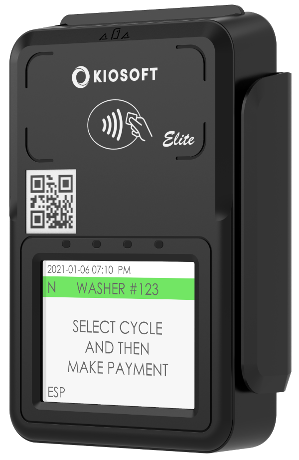A black KIOSOFT Elite payment terminal with a touchscreen displaying instructions to select cycle and make payment for a washer, featuring a green-highlighted line with washer number 123, and a QR code on the upper left.