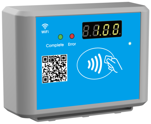 A digital access control device with a QR code, WiFi and error indicator lights, and a digital display showing 8.8.8.8, used for scanning a card or QR code for access.