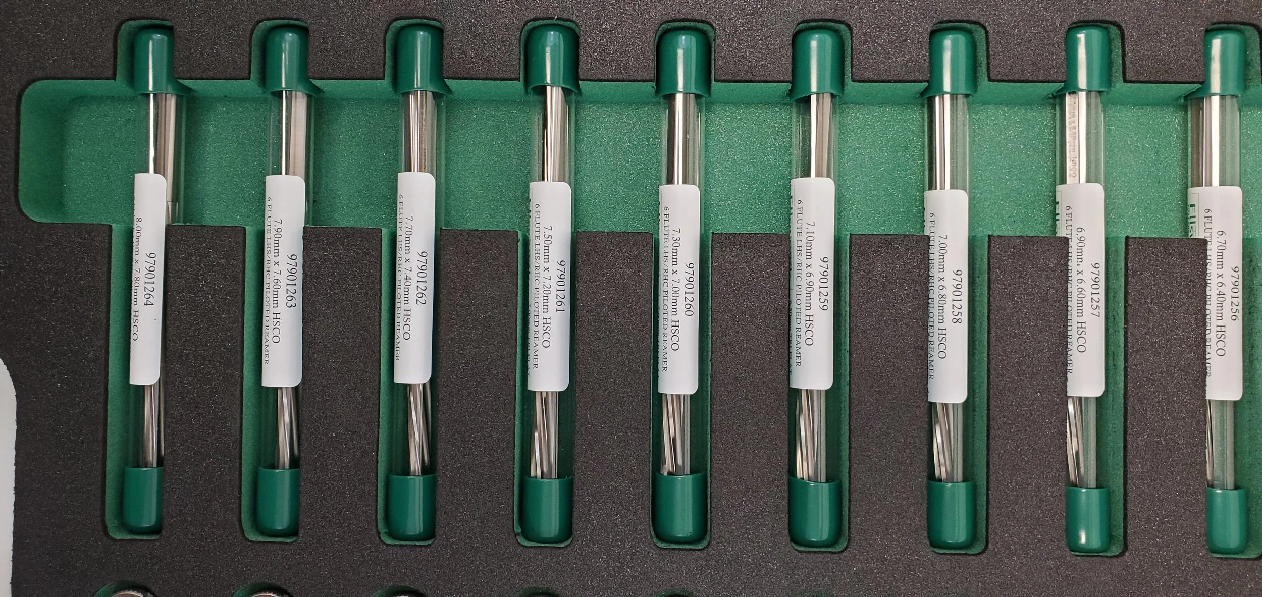 HSCO spiral flute chucking reamer set in protective case for precision hole finishing and tight tolerance CNC machining applications