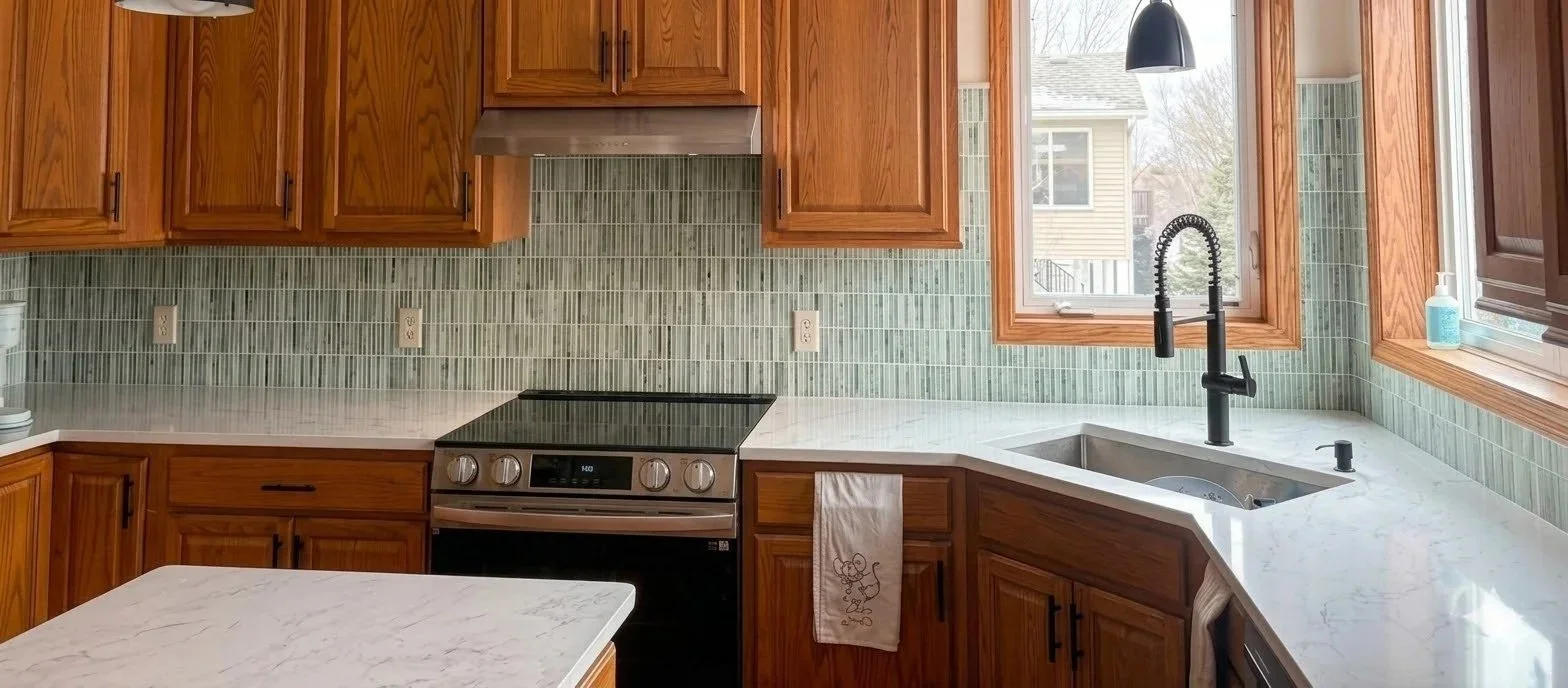 Countertop and backsplash. Corsair quartz countertops and marble backsplash. Stone fabrication, delivery, and install 5-7 day turnaround