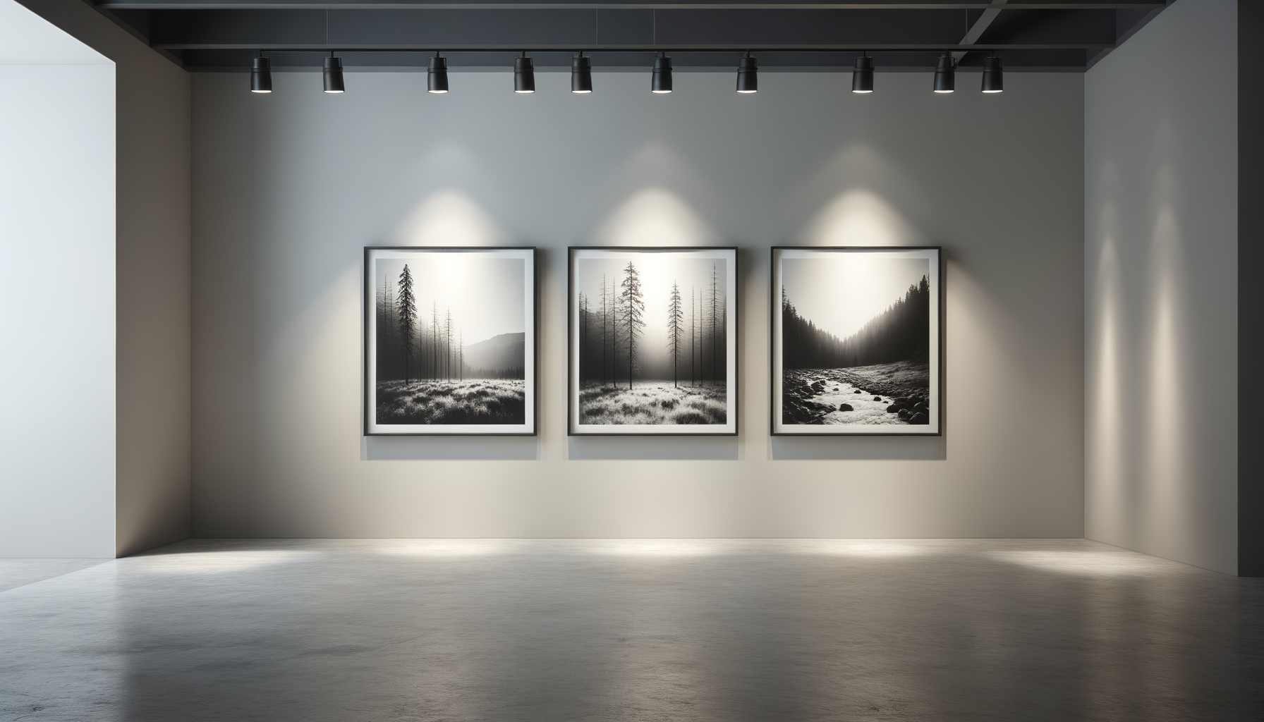 Black and white landscape photographs of forest and mountain scene displayed in an art gallery with spotlights.