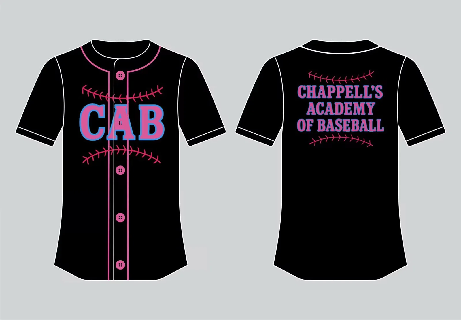 Black baseball jersey with pink and purple lettering. The front displays large letters 'CAB' with pink stitching above and below. The back has purple text reading 'CHAPPELL'S ACADEMY OF BASEBALL' with pink stitching above and below.