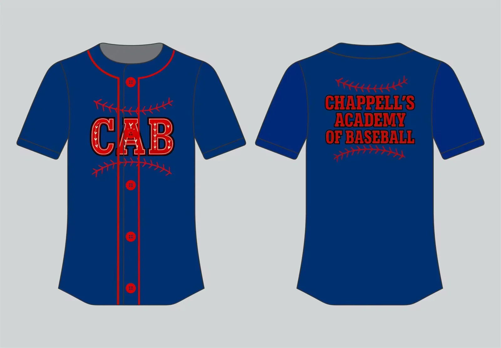 Design of a baseball jersey for Chappell's Academy of Baseball, royal blue color with red and black text, front showcases the word 'CAB' with baseball stitching details, back features the school name in bold letters.