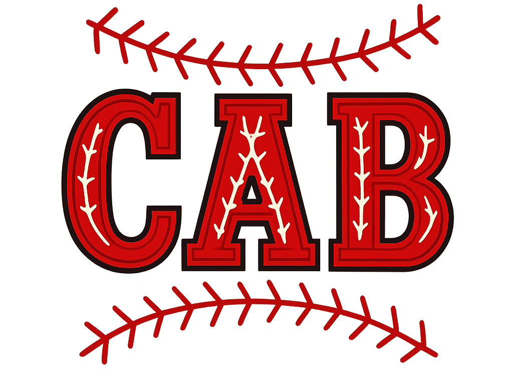 A decorative graphic with the word 'CAB' in red and black bold letters, featuring stitched-like white accents. There are two red baseball stitches, one above and one below the text, on a black background.