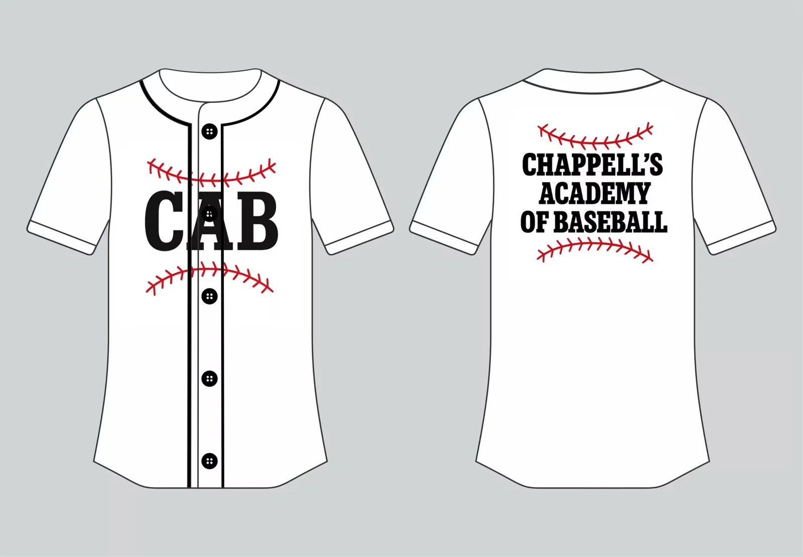 Design of a white baseball jersey with black buttons and red stitching. The front features the words 'CAB' in bold black letters, and the back reads 'Chappell's Academy of Baseball' in black text.