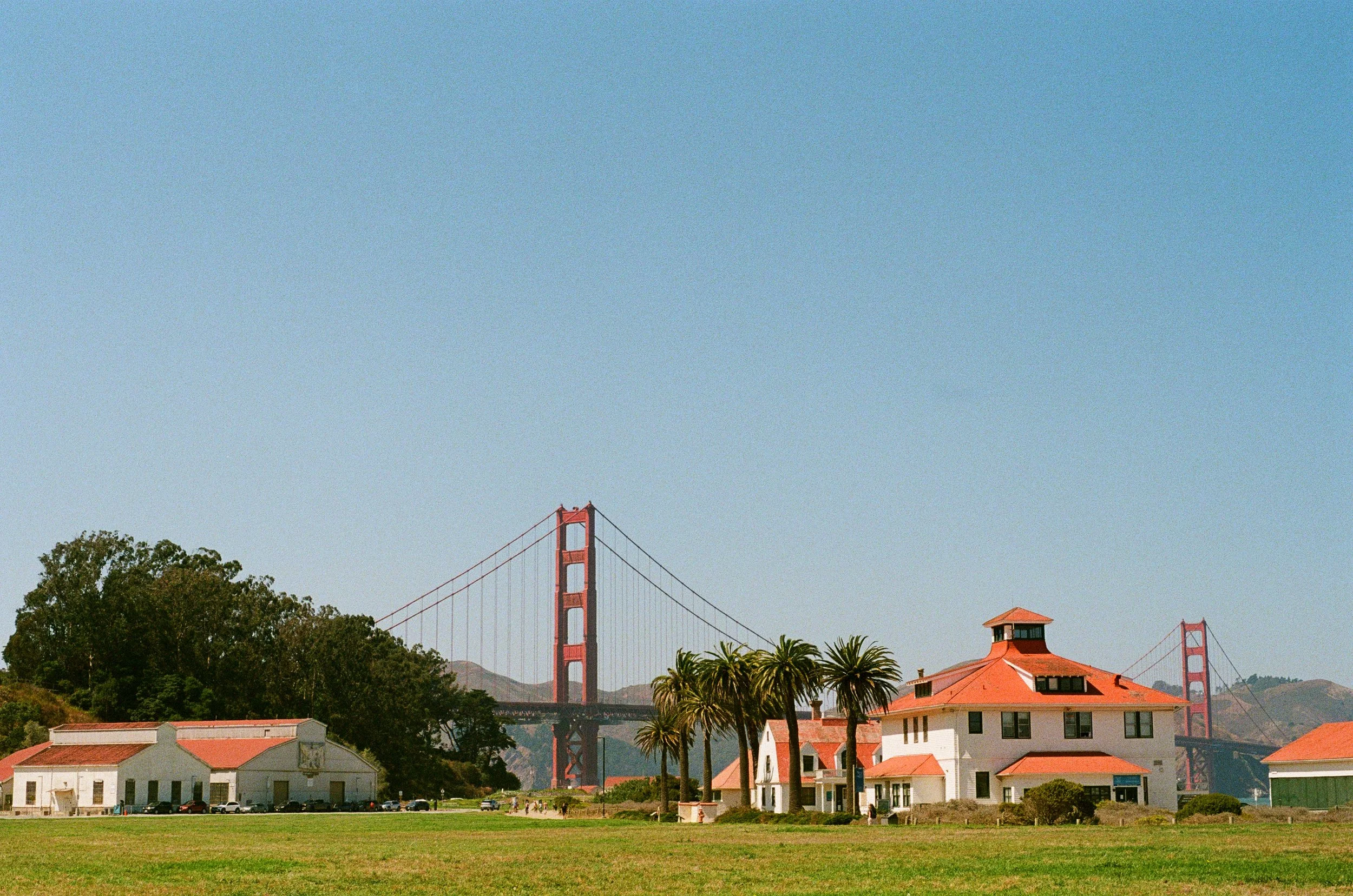 View of the Golden Gate Bridge in San Francisco with buildings, palm trees, and grass in the foreground under a clear blue sky.