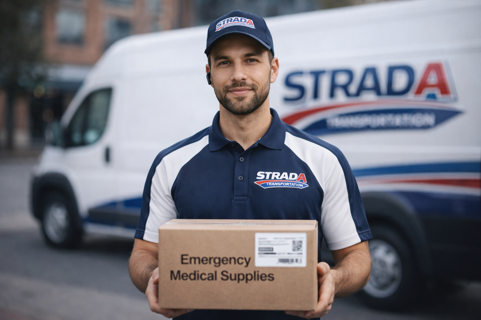 A man in a blue and white uniform with 'STRADA' logo on the shirt and cap, standing in front of a vehicle with the same logo, holding a box labeled 'Emergency Medical Supplies'.