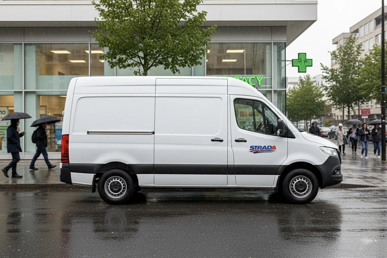 A white delivery van with the logo 'STRADA' parked on the street near a pharmacy. People with umbrellas walk on the sidewalk in rainy weather.