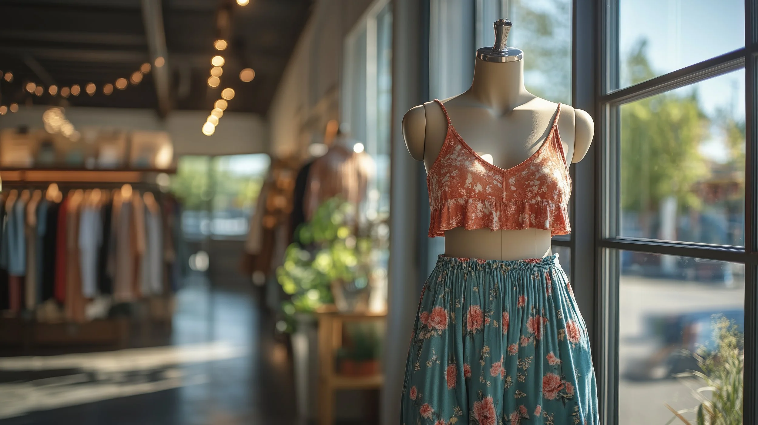Woman’s clothing displayed on a mannequin in a boutique, featuring a pink sleeveless top with ruffles and a floral blue skirt, near a window with natural light.