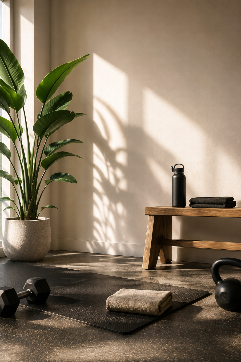 Sunlit corner of a home gym with a potted plant, black water bottle, folded dark towel on a wooden bench, black kettlebell, black dumbbells, exercise mat, and a folded towel on the floor.